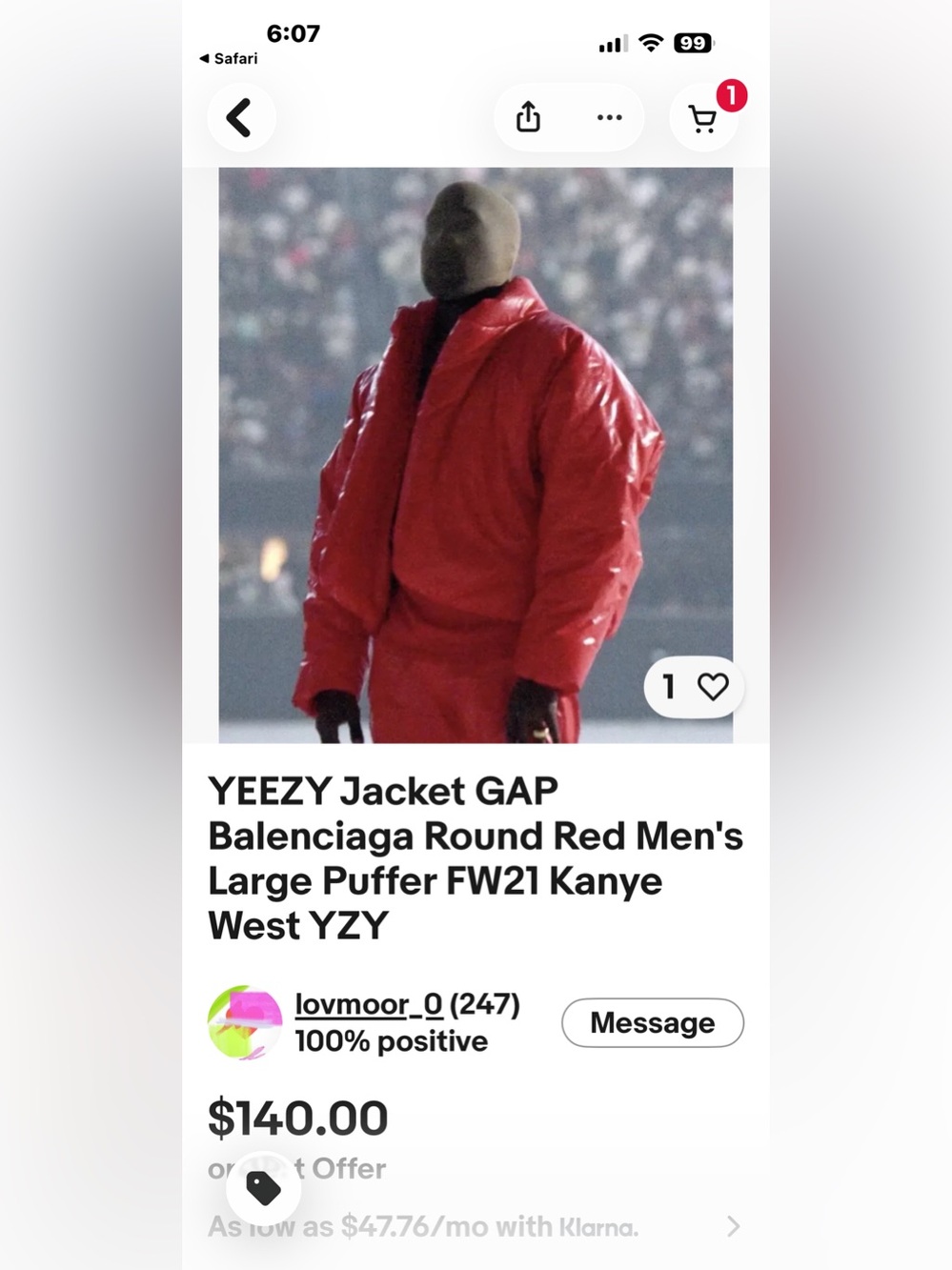 Gap/Yeezy Glossy Bright Red Men's Puffer Coat